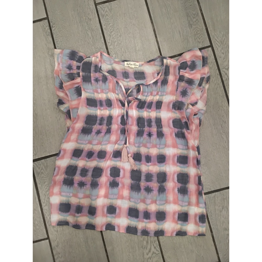 Indigo Rose Womens Pink Blue Ikat Plaid Flutter Sleeve Tassel Tie‎ Blouse Large
